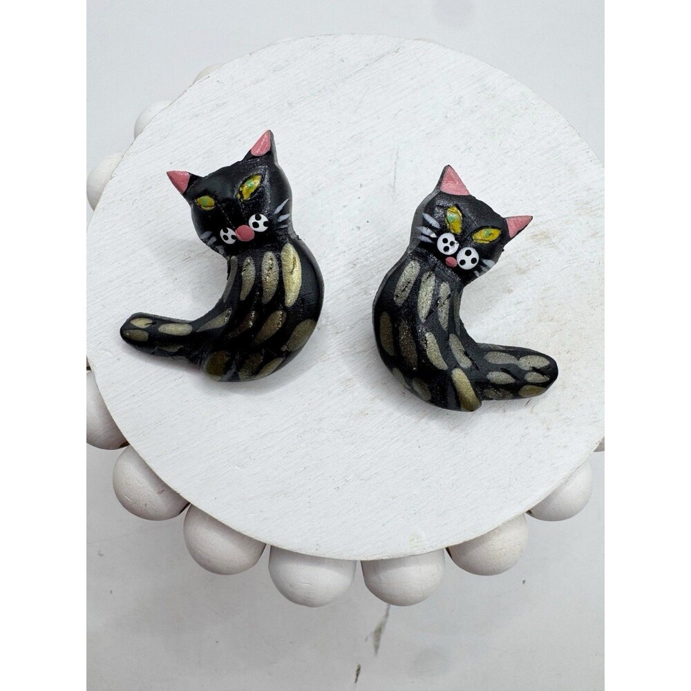Vintage Kitschy Weird Black Cat Earrings Curled Up Handmade Clay?